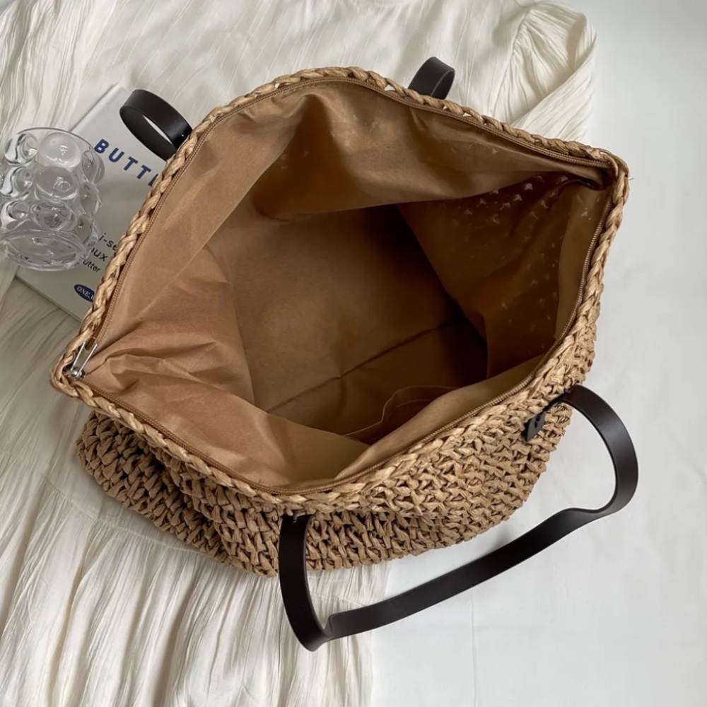 Woven Straw Tote Bag Large Shoulder Beach Purse Tan Brown Zipper Closure - Picture 6 of 6